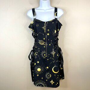 Celestial Sun Moon Stars Gothic Zip Front Jumper Dress Medium Witchy Mystical